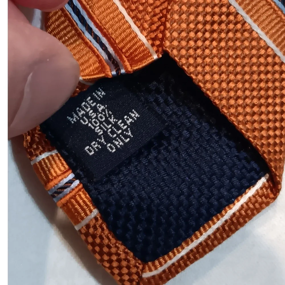Daniel Cremieux Mens‎ Silk Tie Orange Blue White Striped Hand Made USA RN 58909